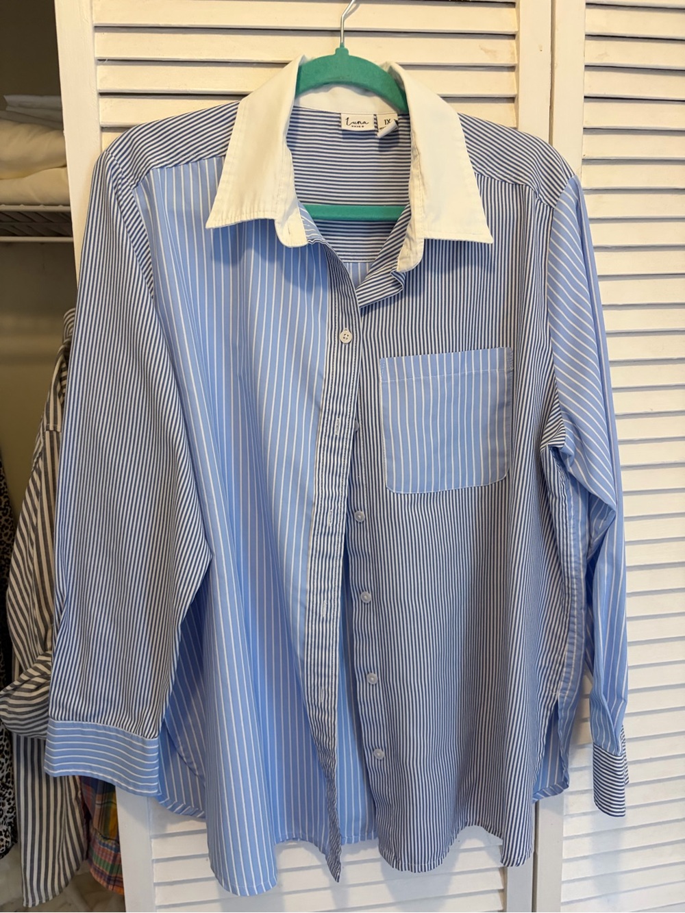 Luna Women’s Blue and White Striped Button-Down Shirt with White Collar